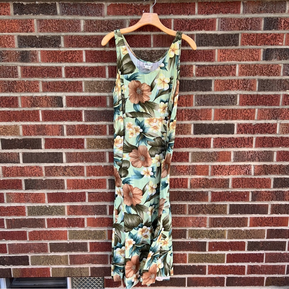 Darian Light Green and Hibiscus Hawaiian Floral Print Sleeveless Maxi Dress